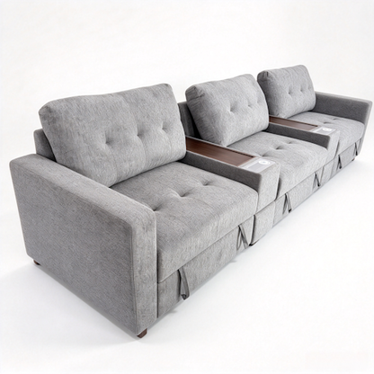 Chenille Linen Fabric Sofa with Storage Seats, Pull-Out Drawers, Console, USB Charging & Wireless Charger BOM132GRY