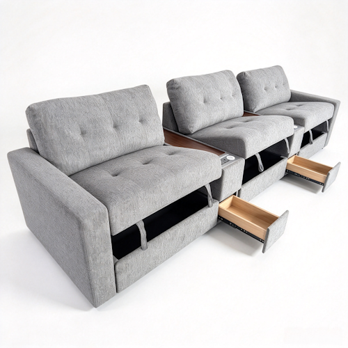 Chenille Linen Fabric Sofa with Storage Seats, Pull-Out Drawers, Console, USB Charging & Wireless Charger BOM132GRY