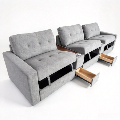 Chenille Linen Fabric Sofa with Storage Seats, Pull-Out Drawers, Console, USB Charging & Wireless Charger BOM132GRY