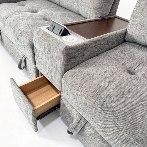 Chenille Linen Fabric Sofa with Storage Seats, Pull-Out Drawers, Console, USB Charging & Wireless Charger BOM132GRY