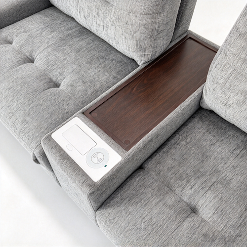 Chenille Linen Fabric Sofa with Storage Seats, Pull-Out Drawers, Console, USB Charging & Wireless Charger BOM132GRY