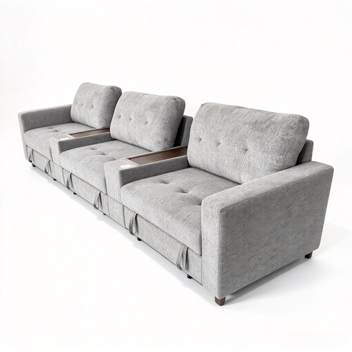 Chenille Linen Fabric Sofa with Storage Seats, Pull-Out Drawers, Console, USB Charging & Wireless Charger BOM132GRY