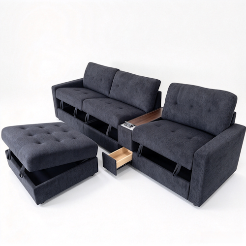 Chenille Linen Fabric Sofa with Storage Seats, Pull-Out Drawers, Console, USB Charging & Wireless Charger BOM132GRY
