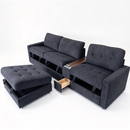 Chenille Linen Fabric Sofa with Storage Seats, Pull-Out Drawers, Console, USB Charging & Wireless Charger BOM132GRY
