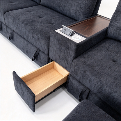 Chenille Linen Fabric Sofa with Storage Seats, Pull-Out Drawers, Console, USB Charging & Wireless Charger BOM132GRY