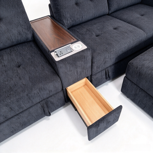 Chenille Linen Fabric Sofa with Storage Seats, Pull-Out Drawers, Console, USB Charging & Wireless Charger BOM132GRY