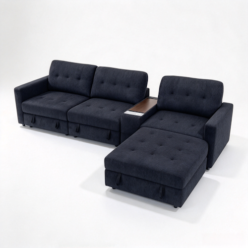 Chenille Linen Fabric Sofa with Storage Seats, Pull-Out Drawers, Console, USB Charging & Wireless Charger BOM132GRY