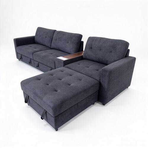 Chenille Linen Fabric Sofa with Storage Seats, Pull-Out Drawers, Console, USB Charging & Wireless Charger BOM132GRY