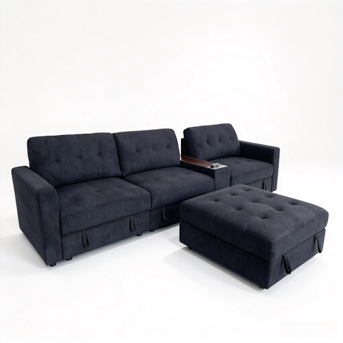 Chenille Linen Fabric Sofa with Storage Seats, Pull-Out Drawers, Console, USB Charging & Wireless Charger BOM132GRY