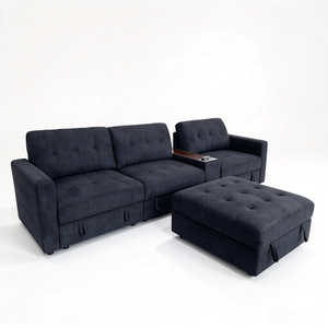 Chenille Linen Fabric Sofa with Storage Seats, Pull-Out Drawers, Console, USB Charging & Wireless Charger BOM132GRY