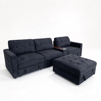 Chenille Linen Fabric Sofa with Storage Seats, Pull-Out Drawers, Console, USB Charging & Wireless Charger BOM132GRY