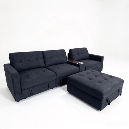 Chenille Linen Fabric Sofa with Storage Seats, Pull-Out Drawers, Console, USB Charging & Wireless Charger BOM132GRY