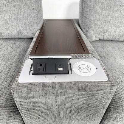 Chenille Linen Fabric Sofa with Storage Seats, Pull-Out Drawers, Console, USB Charging & Wireless Charger BOM132GRY