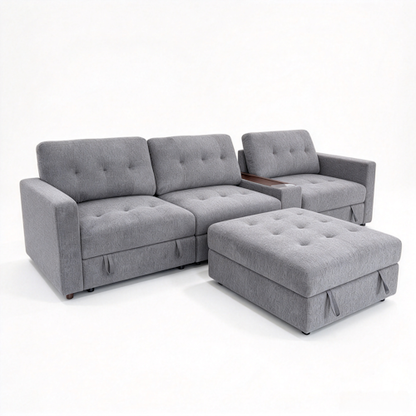 Chenille Linen Fabric Sofa with Storage Seats, Pull-Out Drawers, Console, USB Charging & Wireless Charger BOM132GRY