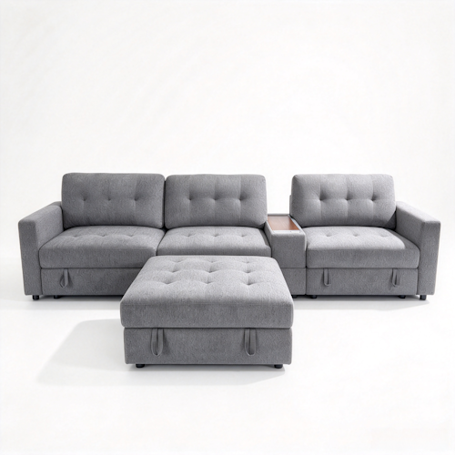 Chenille Linen Fabric Sofa with Storage Seats, Pull-Out Drawers, Console, USB Charging & Wireless Charger BOM132GRY