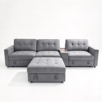 Chenille Linen Fabric Sofa with Storage Seats, Pull-Out Drawers, Console, USB Charging & Wireless Charger BOM132GRY