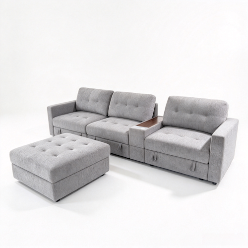 Chenille Linen Fabric Sofa with Storage Seats, Pull-Out Drawers, Console, USB Charging & Wireless Charger BOM132GRY