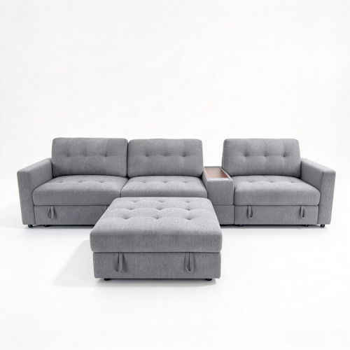 Chenille Linen Fabric Sofa with Storage Seats, Pull-Out Drawers, Console, USB Charging & Wireless Charger BOM132GRY