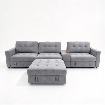 Chenille Linen Fabric Sofa with Storage Seats, Pull-Out Drawers, Console, USB Charging & Wireless Charger BOM132GRY
