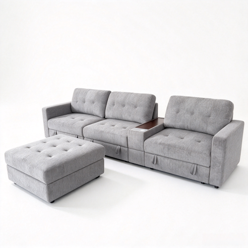 Chenille Linen Fabric Sofa with Storage Seats, Pull-Out Drawers, Console, USB Charging & Wireless Charger BOM132GRY