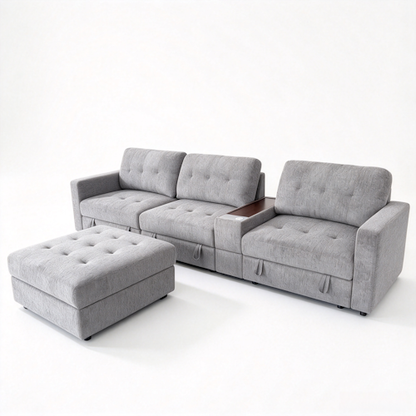 Chenille Linen Fabric Sofa with Storage Seats, Pull-Out Drawers, Console, USB Charging & Wireless Charger BOM132GRY