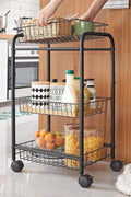 Black 3-Tier Metal Rolling Storage Cart with Removable Mesh Baskets and Locking Wheels – Kitchen & Home Organizer