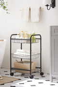 Black 3-Tier Metal Rolling Storage Cart with Removable Mesh Baskets and Locking Wheels – Kitchen & Home Organizer