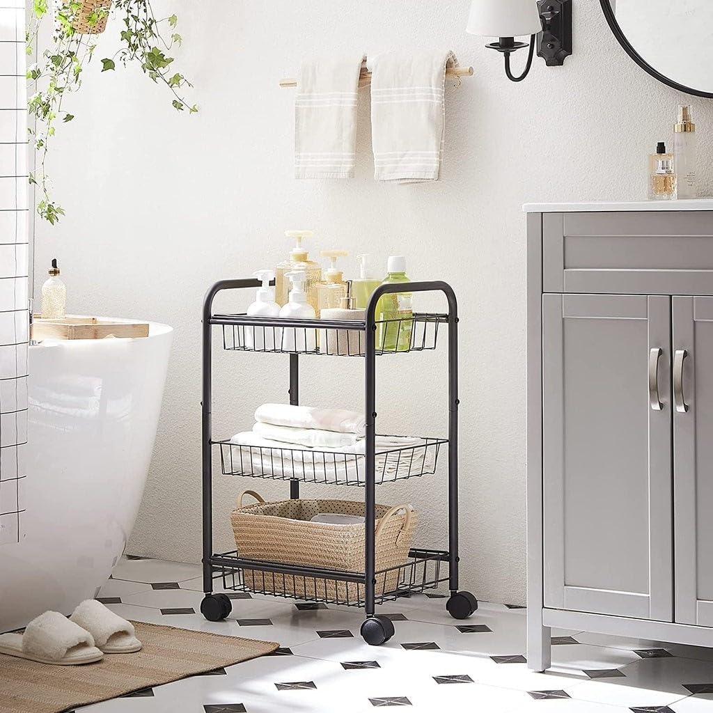 Black 3-Tier Metal Rolling Storage Cart with Removable Mesh Baskets and Locking Wheels – Kitchen & Home Organizer