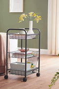 Black 3-Tier Metal Rolling Storage Cart with Removable Mesh Baskets and Locking Wheels – Kitchen & Home Organizer