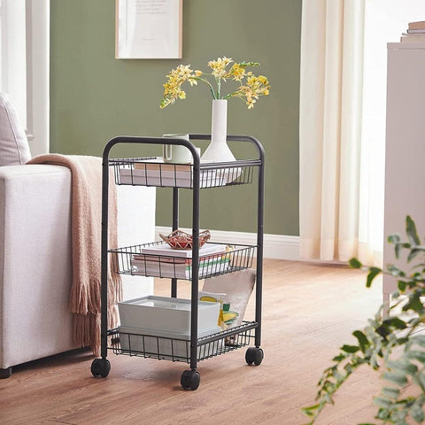 Black 3-Tier Metal Rolling Storage Cart with Removable Mesh Baskets and Locking Wheels – Kitchen & Home Organizer