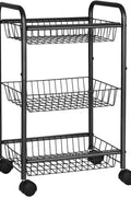 Black 3-Tier Metal Rolling Storage Cart with Removable Mesh Baskets and Locking Wheels – Kitchen & Home Organizer