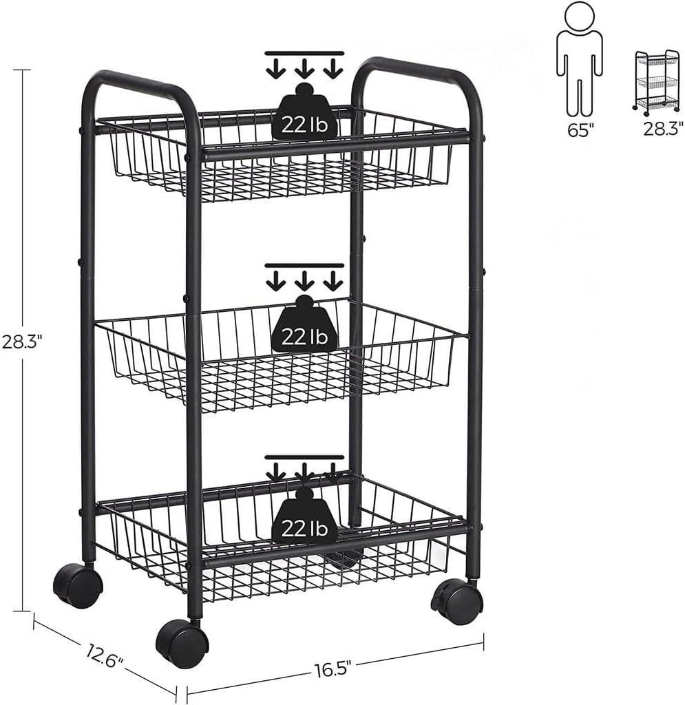 Black 3-Tier Metal Rolling Storage Cart with Removable Mesh Baskets and Locking Wheels – Kitchen & Home Organizer