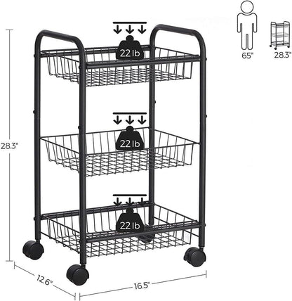 Black 3-Tier Metal Rolling Storage Cart with Removable Mesh Baskets and Locking Wheels – Kitchen & Home Organizer