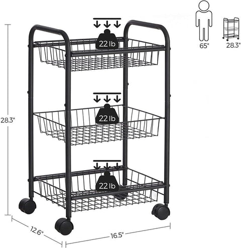 Black 3-Tier Metal Rolling Storage Cart with Removable Mesh Baskets and Locking Wheels – Kitchen & Home Organizer