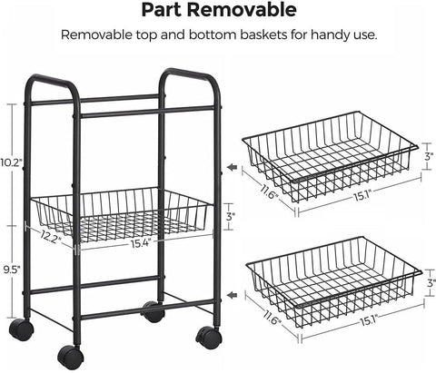 Black 3-Tier Metal Rolling Storage Cart with Removable Mesh Baskets and Locking Wheels – Kitchen & Home Organizer