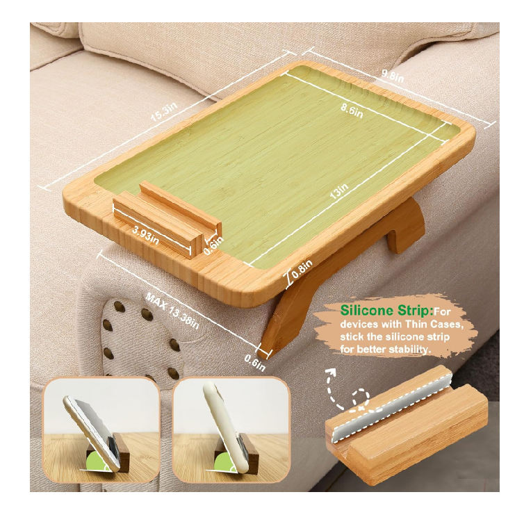 Bamboo Couch Arm Tray Clip-On Sofa Table for Drinks, Snacks, Remote &amp; Phone Holder BTR259