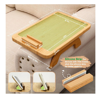 Bamboo Couch Arm Tray Clip-On Sofa Table for Drinks, Snacks, Remote &amp; Phone Holder BTR259
