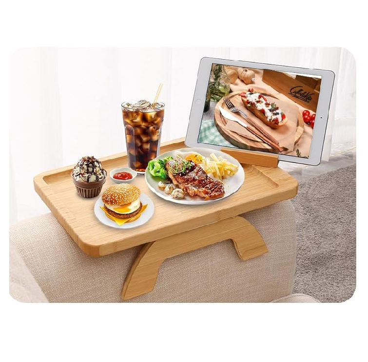 Bamboo Couch Arm Tray Clip-On Sofa Table for Drinks, Snacks, Remote &amp; Phone Holder BTR259