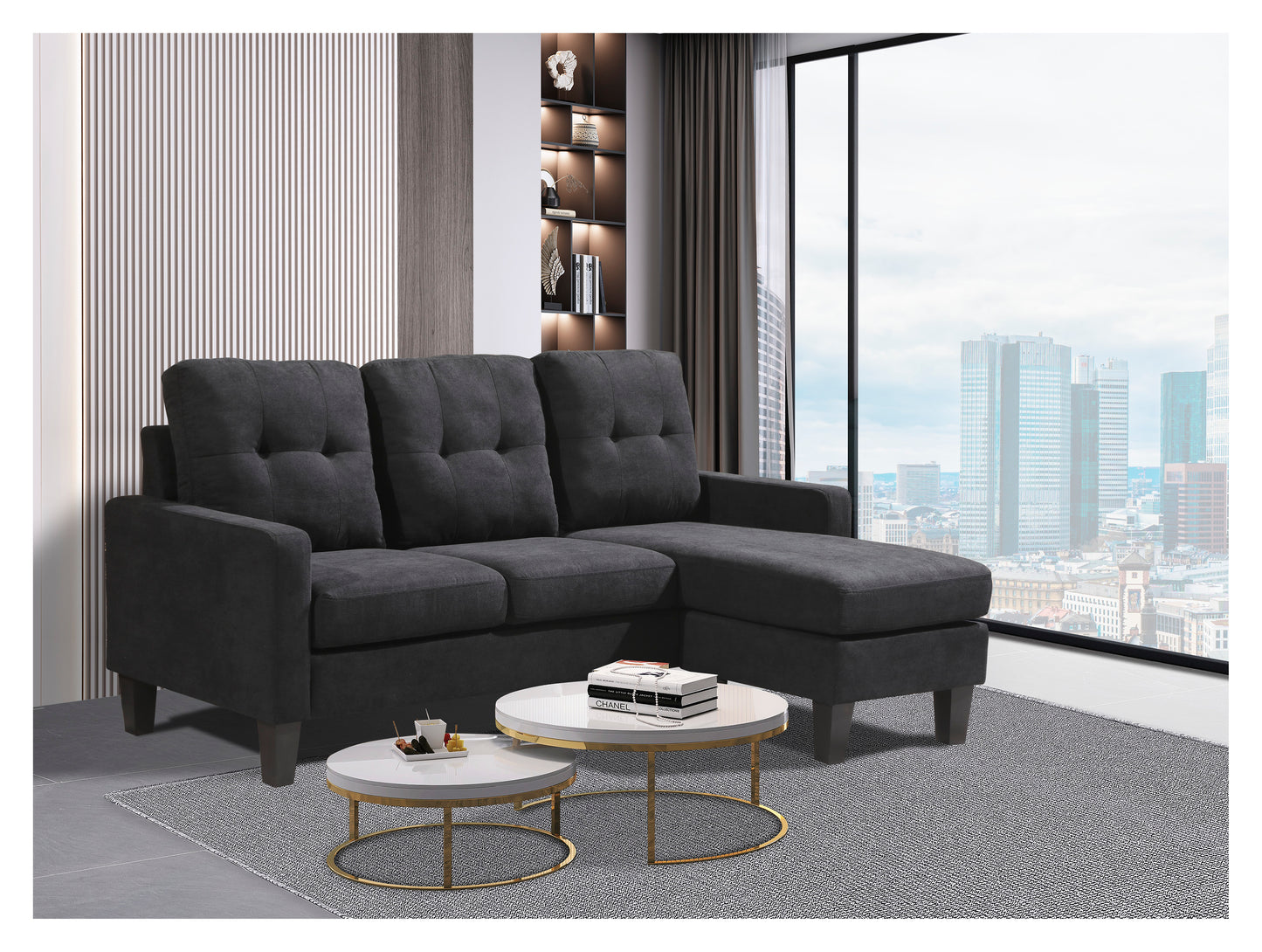 Compact L-Shaped Sectional Sofa with Ottoman – Reversible Chaise, Dark Gray or Black BT2628
