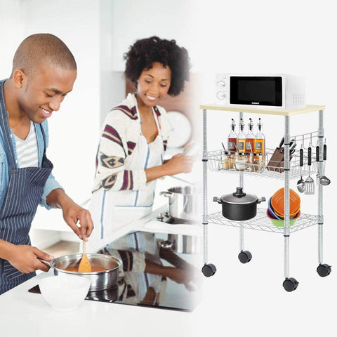 Chrome 3-tier microwave cart with wheels in kitchen
Adjustable kitchen utility cart with chrome finish
Rolling steel storage cart with microwave and shelves
Mobile cart with food and appliances in kitchen setting
Compact kitchen organizer cart with lockable wheels
Easy-to-assemble chrome steel utility cart