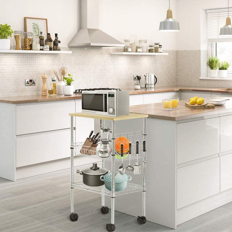 Chrome 3-tier microwave cart with wheels in kitchen
Adjustable kitchen utility cart with chrome finish
Rolling steel storage cart with microwave and shelves
Mobile cart with food and appliances in kitchen setting
Compact kitchen organizer cart with lockable wheels
Easy-to-assemble chrome steel utility cart