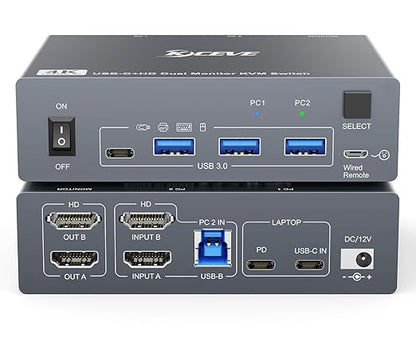 Camgeet Dual Monitor KVM Switch with USB-C, HDMI, 4K 60Hz and 80W PD Charging