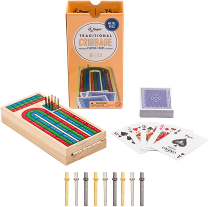 Folding Wooden Cribbage Board Game Set with Metal Pegs, Cards Storage for 2–4 Players CRB159