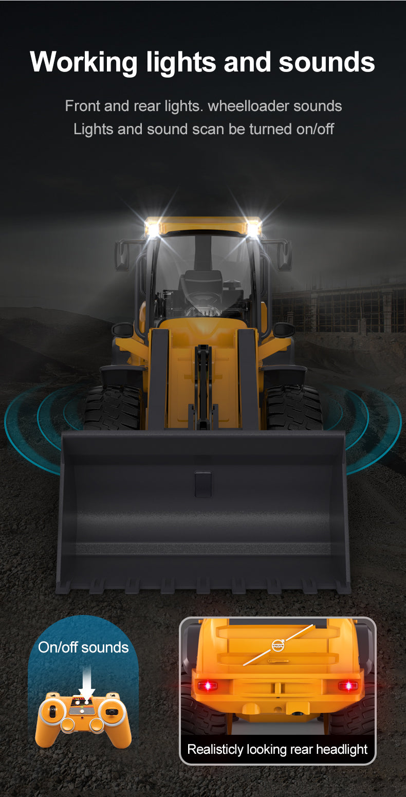 1:16 RC Volvo L50H Wheel Loader – 6 Channel Remote Control Construction Truck Toy with Lights & 4WD