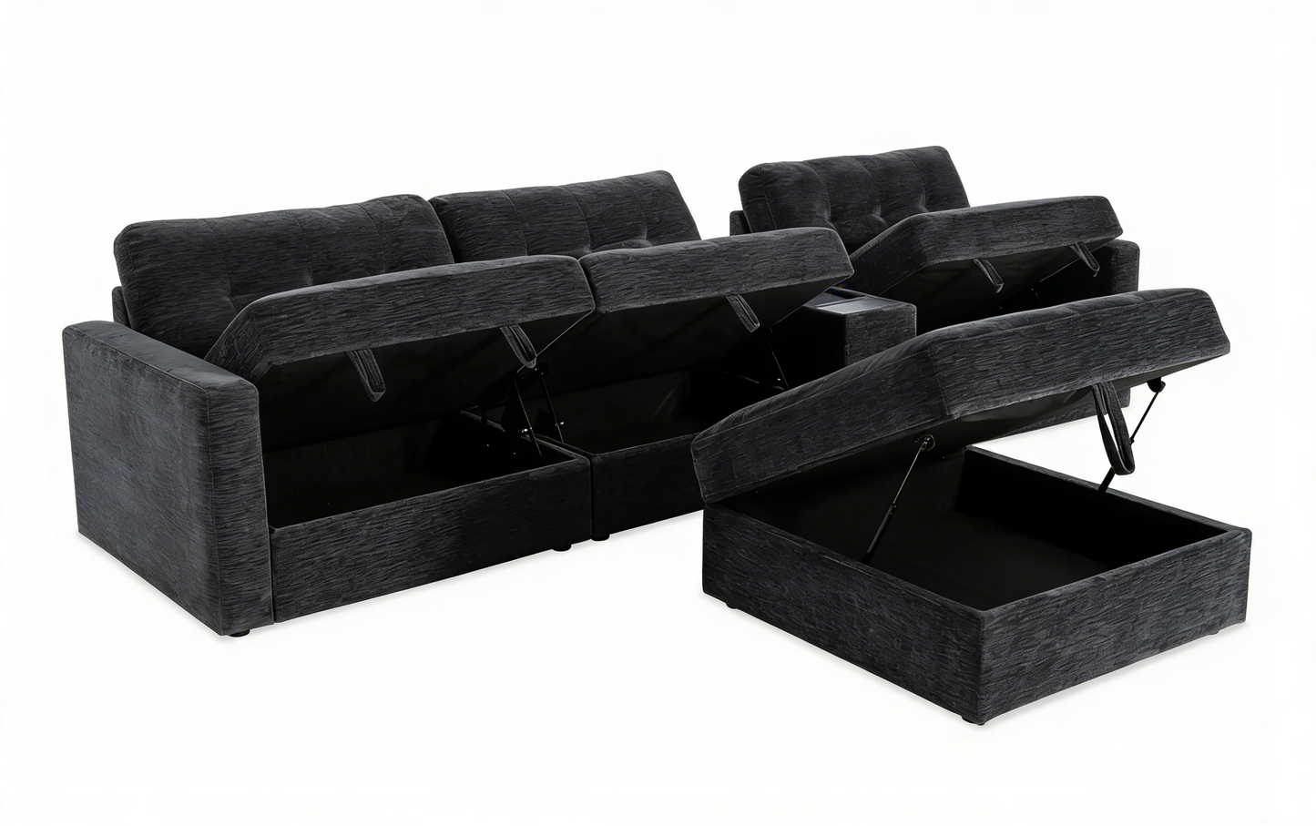 5-Piece Modular Sectional Sofa with Storage Ottoman & USB Charging Console 132" Wide Charcoal or Gray BOM132