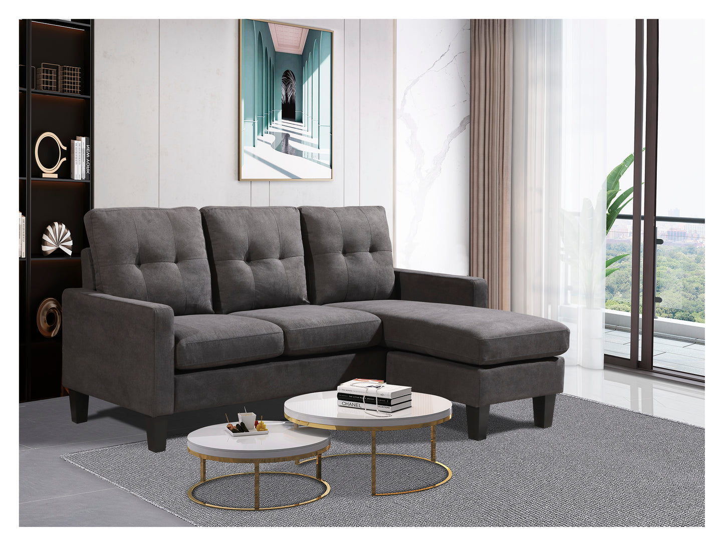 Compact L-Shaped Sectional Sofa with Ottoman – Reversible Chaise, Dark Gray or Black BT2628