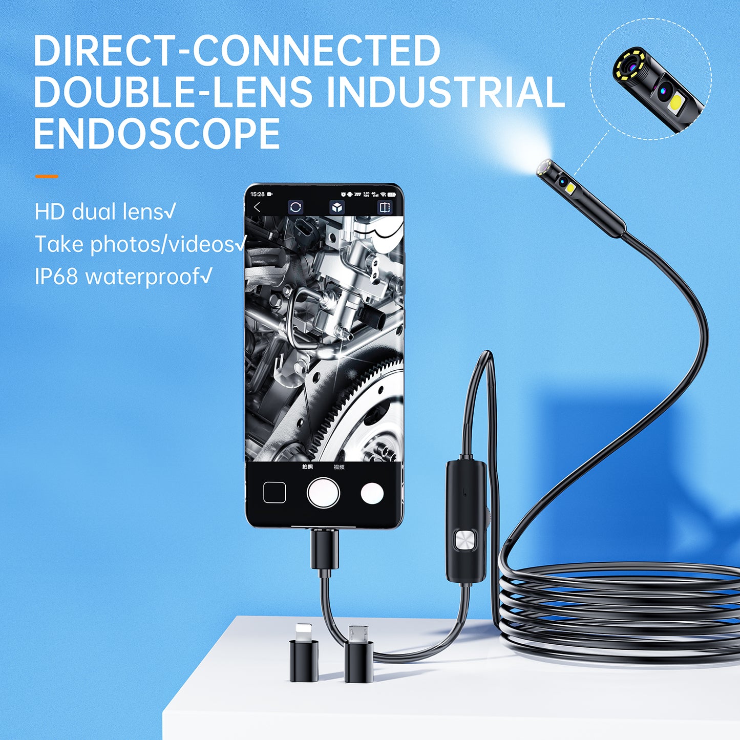 16.4 ft Dual-Lens 1920P HD Endoscope Inspection Camera LGEC100