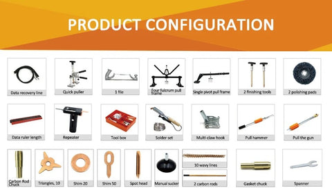 Auto Body Dent Repair Welding Machine F90ESS front view
F90ESS Spot Welder with 3800A output and accessories
Professional auto panel dent pulling machine with display
Tool selection options for F90ESS spot welder
Auto repair welding machine for body shops and garages