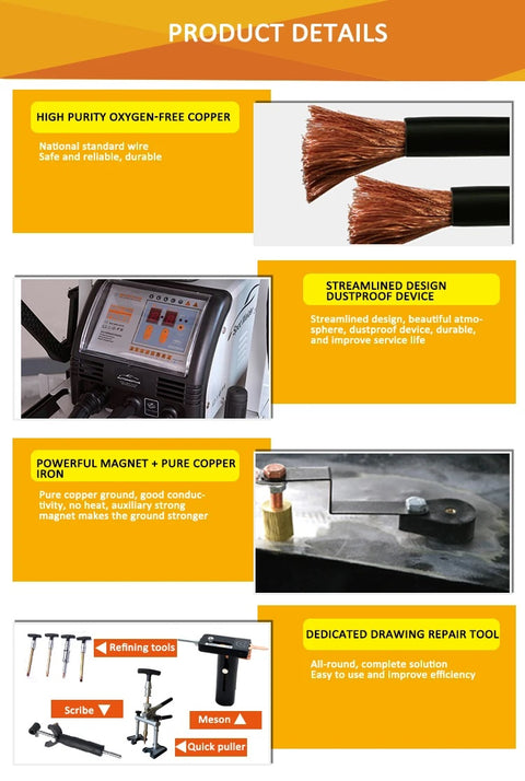 Auto Body Dent Repair Welding Machine F90ESS front view
F90ESS Spot Welder with 3800A output and accessories
Professional auto panel dent pulling machine with display
Tool selection options for F90ESS spot welder
Auto repair welding machine for body shops and garages