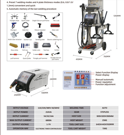 Auto Body Dent Repair Welding Machine F90ESS front view
F90ESS Spot Welder with 3800A output and accessories
Professional auto panel dent pulling machine with display
Tool selection options for F90ESS spot welder
Auto repair welding machine for body shops and garages
